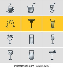 Vector Illustration Of 12 Beverage Icons. Editable Pack Of Glass, Goblet, Juice And Other Elements.