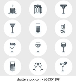 Vector Illustration Of 12 Beverage Icons. Editable Pack Of Aqua, Margarita, Juice And Other Elements.