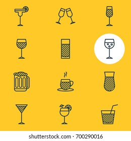 Vector Illustration Of 12 Beverage Icons. Editable Pack Of Tea Cup, Glass, Margarita And Other Elements.