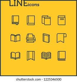 Vector illustration of 12 book icons line style. Editable set of book collection, copybook, study and other icon elements.