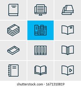 Vector illustration of 12 book icons line style. Editable set of encyclopedia, publication, dictionary and other icon elements.