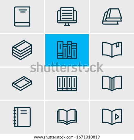 Vector illustration of 12 book icons line style. Editable set of encyclopedia, publication, dictionary and other icon elements.