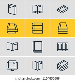 Vector illustration of 12 book reading icons line style. Editable set of book collection, schoolbook, bookmark and other icon elements.