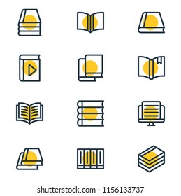 Vector illustration of 12 book reading icons line style. Editable set of schoolbook, knowledge, study and other icon elements.