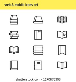 Vector illustration of 12 book reading icons line style. Editable set of study, tutorial, audio book and other icon elements.