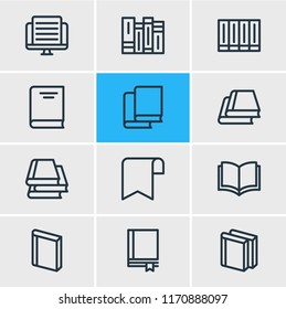 Vector illustration of 12 book reading icons line style. Editable set of notebook, publication, library and other icon elements.