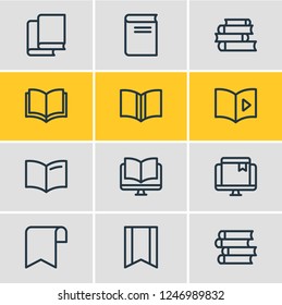 Vector illustration of 12 book reading icons line style. Editable set of publishing, bookstore, ebook and other icon elements.