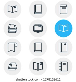 Vector illustration of 12 book reading icons line style. Editable set of book reading, online bookmark, handbook icon elements.