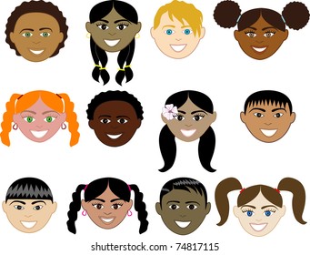 Vector Illustration of 12 boy and girl faces with smiles.