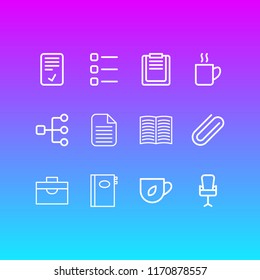 Vector illustration of 12 bureau icons line style. Editable set of confirm, briefcase, book and other icon elements.