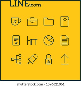 Vector illustration of 12 bureau icons line style. Editable set of briefcase, directory, notebook and other icon elements.