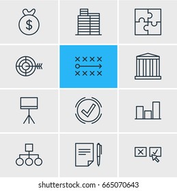 Vector Illustration Of 12 Business Icons. Editable Pack Of Scheme, Bag, Building And Other Elements.