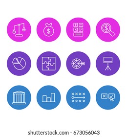 Vector Illustration Of 12 Business Icons. Editable Pack Of Calculate, Goal, Magnifier And Other Elements.