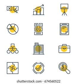 Vector Illustration Of 12 Business Icons. Editable Pack Of Scheme , Board Stand, Columns Elements.