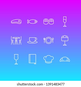 Vector illustration of 12 cafe icons line style. Editable set of cup, sushi, steak and other icon elements.