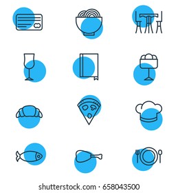 Vector Illustration Of 12 Cafe Icons. Editable Pack Of Card, Bowl, Wineglass And Other Elements.