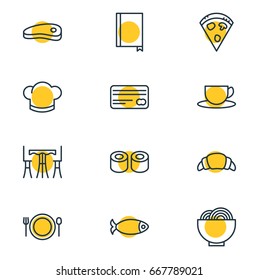 Vector Illustration Of 12 Cafe Icons. Editable Pack Of Seafood, Japanese Roll, Card And Other Elements.