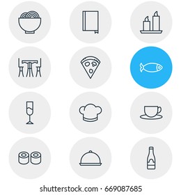 Vector Illustration Of 12 Cafe Icons. Editable Pack Of Seafood, Japanese Roll, Tray And Other Elements.