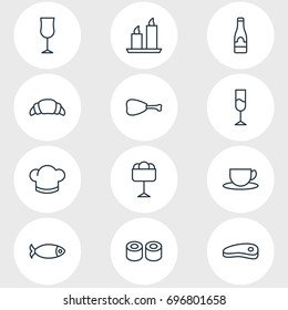 Vector Illustration Of 12 Cafe Icons. Editable Pack Of Seafood, Alcohol, Japanese Roll And Other Elements.