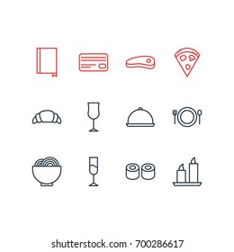 Vector Illustration Of 12 Cafe Icons. Editable Pack Of Pepperoni, Bacon, Japanese Roll And Other Elements.