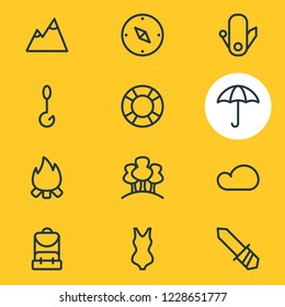 Vector illustration of 12 camp icons line style. Editable set of fishing, forest, blade and other icon elements.
