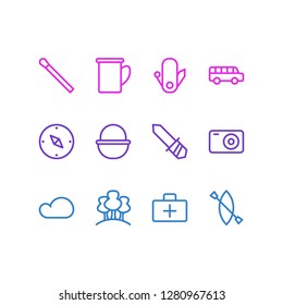 Vector illustration of 12 camp icons line style. Editable set of cloud, forest, bus and other icon elements.
