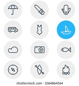 Vector illustration of 12 camping icons line style. Editable set of compass, camera, boat and other icon elements.