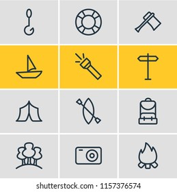 Vector illustration of 12 camping icons line style. Editable set of signpost, axe, boat and other icon elements.