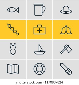 Vector illustration of 12 camping icons line style. Editable set of bikini, marshmallow, medicine and other icon elements.