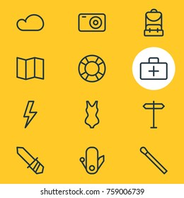 Vector Illustration Of 12 Camping Outline Icons. Editable Set Of Guidance, Corkscrew, Swimsuit And Other Elements.