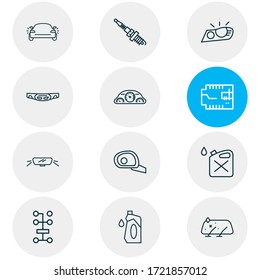Vector illustration of 12 car icons line style. Editable set of side mirror, car transmission, windscreen wipers and other icon elements.