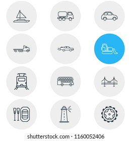 Vector illustration of 12 carrying icons line style. Editable set of double decker bus, subway train, rubber boat and other icon elements.