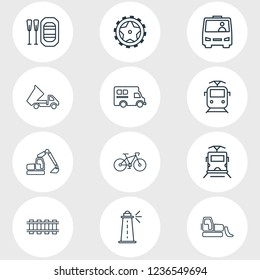 Vector illustration of 12 carrying icons line style. Editable set of dump truck, railway, tyres and other icon elements.