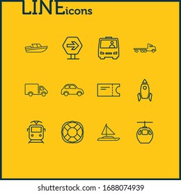 Vector illustration of 12 carrying icons line style. Editable set of lifebuoy, train ticket, truck and other icon elements.