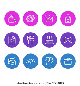 Vector illustration of 12 celebrate icons line style. Editable set of video camera, crown, gift box and other icon elements.