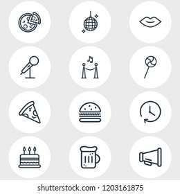 Vector illustration of 12 celebrate icons line style. Editable set of cake, mic, clock and other icon elements.