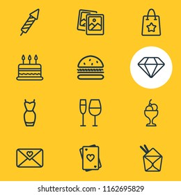 Vector illustration of 12 celebration icons line style. Editable set of burger, love letter, wineglass and other icon elements.