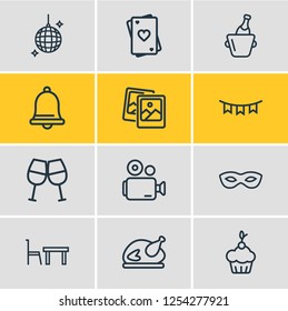 Vector illustration of 12 celebration icons line style. Editable set of turkey, cheer, muffin and other icon elements.