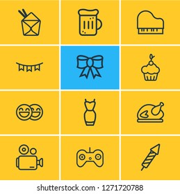 Vector illustration of 12 celebration icons line style. Editable set of party dress, chinese food, muffin and other icon elements.