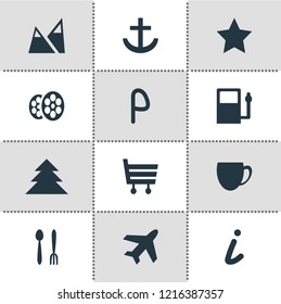 Vector illustration of 12 check-in icons. Editable set of gas station, cinema, harbor and other icon elements.