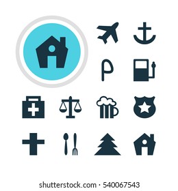 Vector Illustration Of 12 Check-In Icons. Editable Pack Of Jungle, Home, Scales And Other Elements.