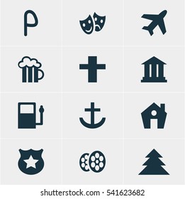 Vector Illustration Of 12 Check-In Icons. Editable Pack Of Anchor, Refueling, University And Other Elements.