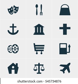 Vector Illustration Of 12 Check-In Icons. Editable Pack Of University, Film, Cross And Other Elements.