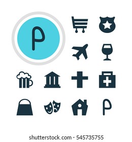 Vector Illustration Of 12 Check-In Icons. Editable Pack Of Wineglass, Cop , Handbag Elements.