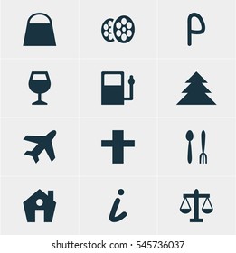 Vector Illustration Of 12 Check-In Icons. Editable Pack Of Cafe, Refueling, Cross And Other Elements.