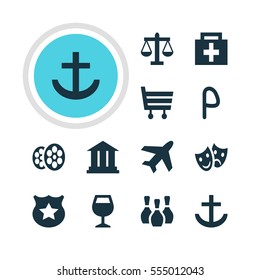 Vector Illustration Of 12 Check-In Icons. Editable Pack Of Scales, Film, Shopping Cart And Other Elements.