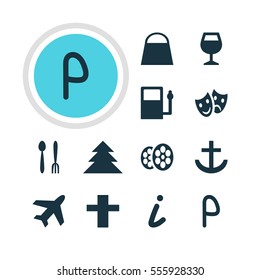 Vector Illustration Of 12 Check-In Icons. Editable Pack Of Cafe, Film, Refueling And Other Elements.