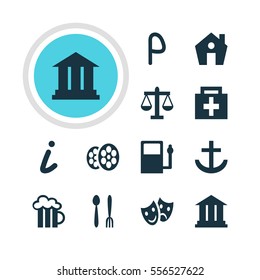 Vector Illustration Of 12 Check-In Icons. Editable Pack Of Scales, Drugstore, Map Information And Other Elements.
