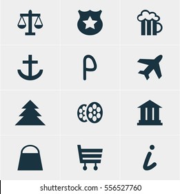 Vector Illustration Of 12 Check-In Icons. Editable Pack Of Handbag, Anchor, Jungle Elements.