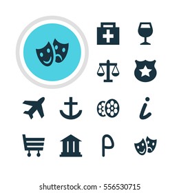 Vector Illustration Of 12 Check-In Icons. Editable Pack Of Drugstore, Masks, Anchor And Other Elements.